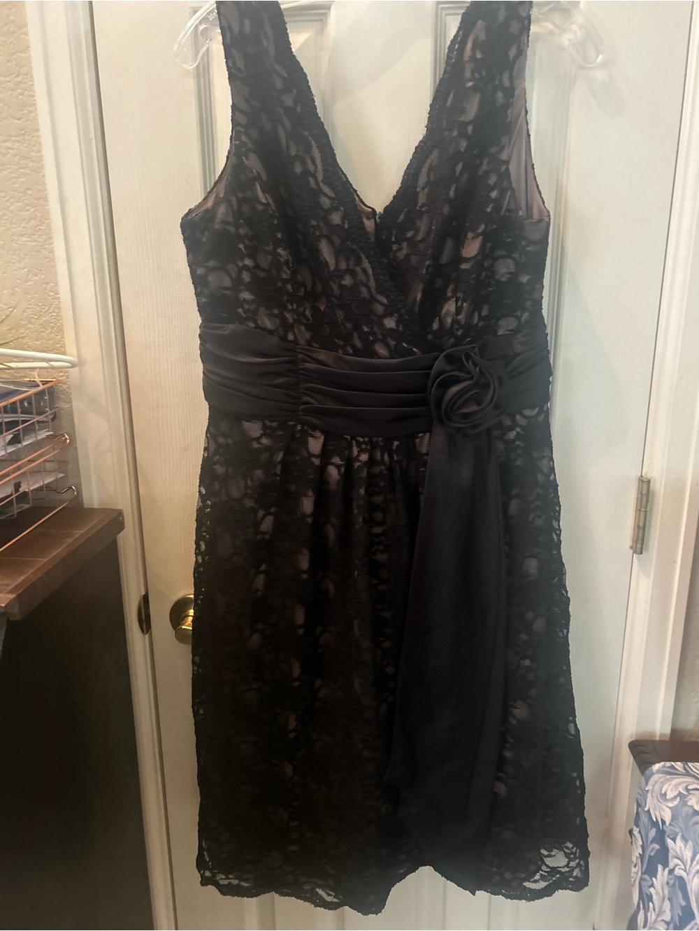Sleeveless Black Lace Midi Dress with Satin Waist Rosette size 10.